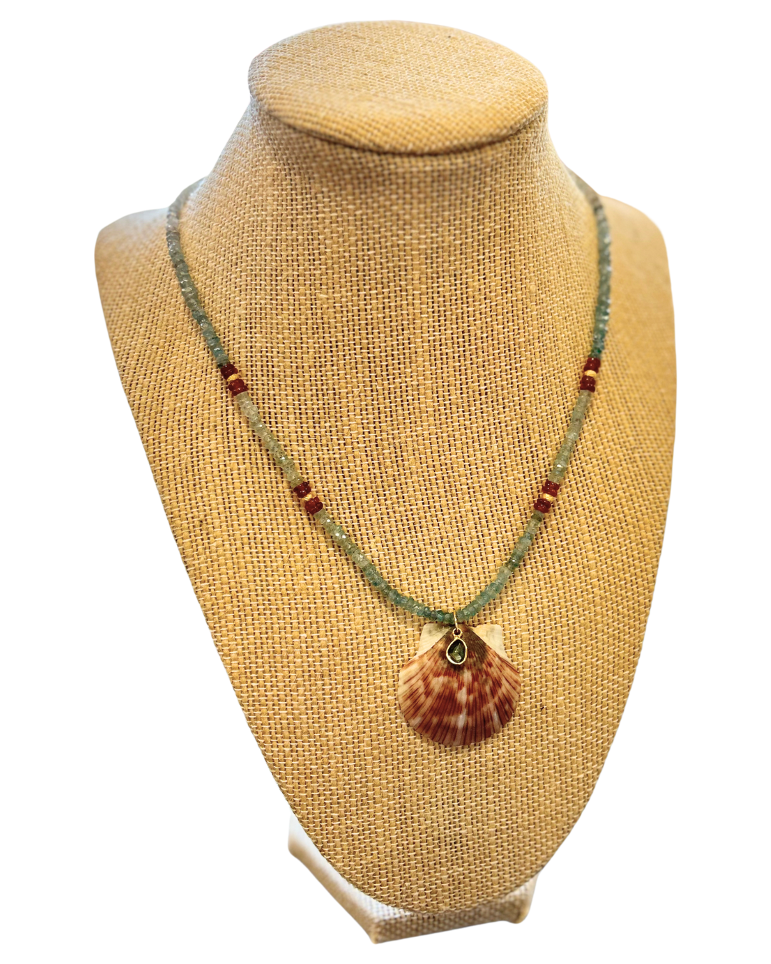 Aquamarine and Hessonite Garnet Necklace with Shell Pendant