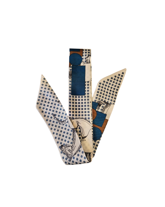 White and Blue Multi Print Twilly