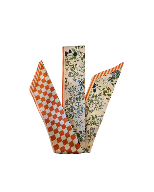 Orange Checkered and Floral Print Twilly