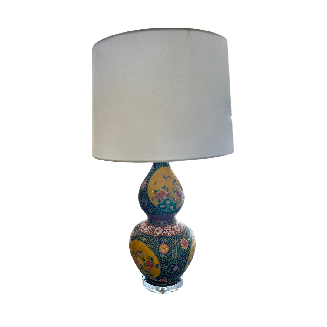 Yellow Rose Famille Gourd Lamp