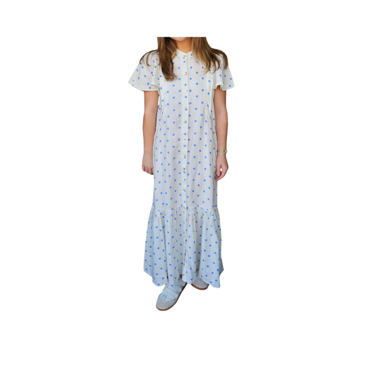 Willow Linen Dress in Denim Polka Dots